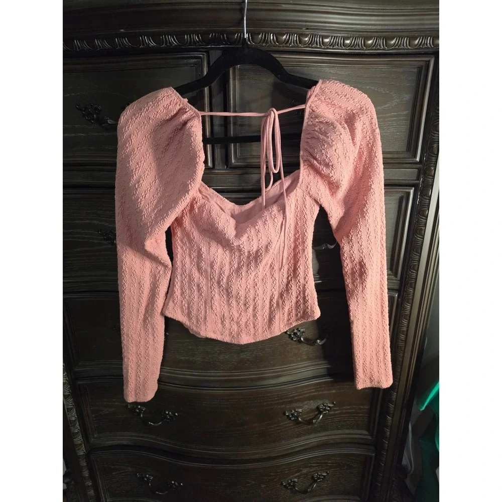 Free People Pink Textured Long Sleeve Corset Tie Back Top XS OB1192818